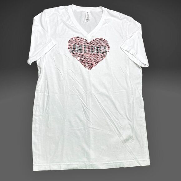 Bella Canvas White V-Neck T-Shirt‎ Rhinestone Heart MDNA Graphic Tee - Picture 1 of 7